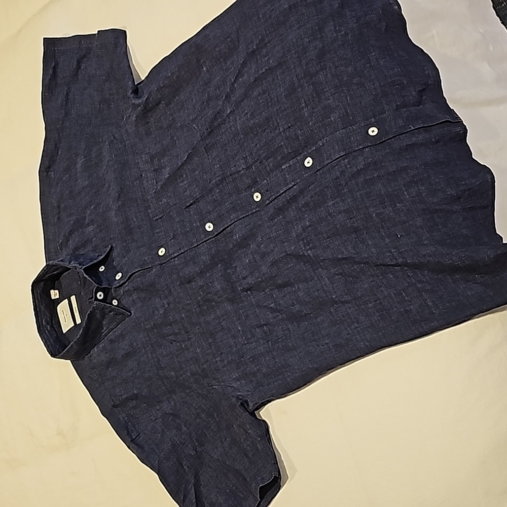 Billy Reid Navy Short Sleeve Button Down Linen Shirt in Large